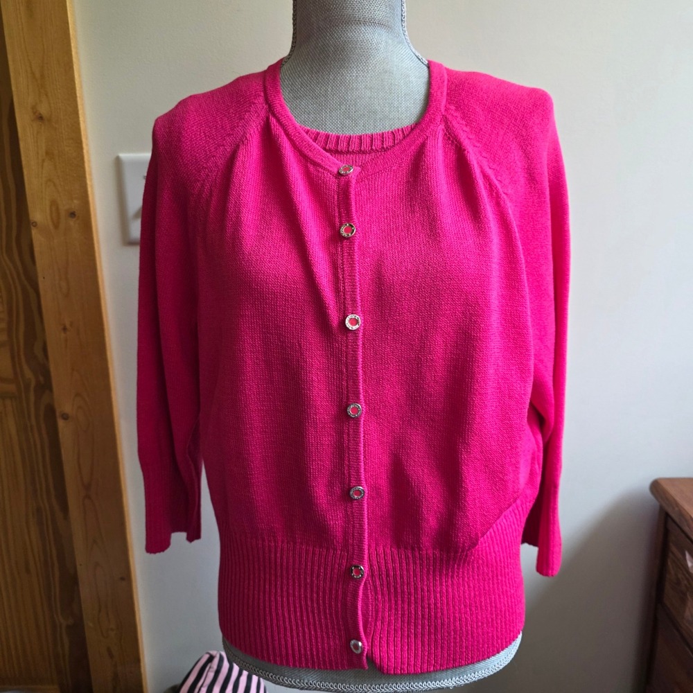 St John Sport Fuchsia Pink Wool Blend Cardigan & Shell Twin Set M/L